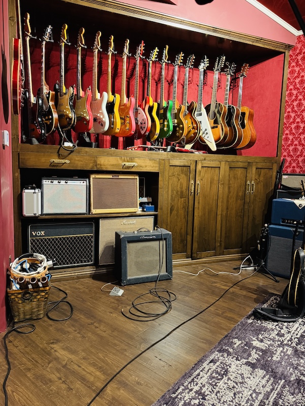 DW Drums, Rehearsal Room, Divided by 13 Amp, Fender and Gibson Guitars
